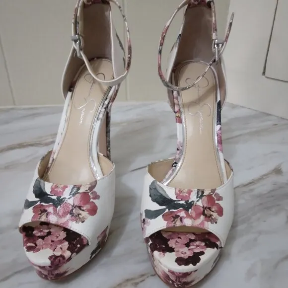 Jessica Simpson | Beeya Ankle Strap Platform Heeled Sandals Shoes Floral | Sz 8M