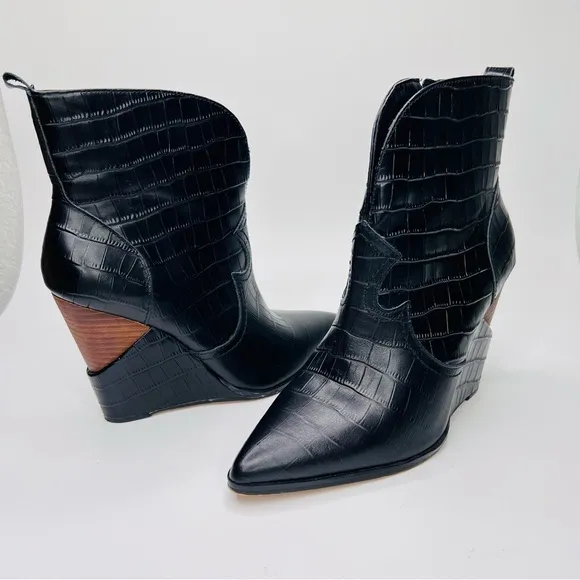 Jessica Simpson Hilrie Black Crocodile Embossed Leather Western Wedge Heel Boot