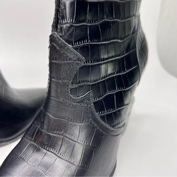 Jessica Simpson Hilrie Black Crocodile Embossed Leather Western Wedge Heel Boot