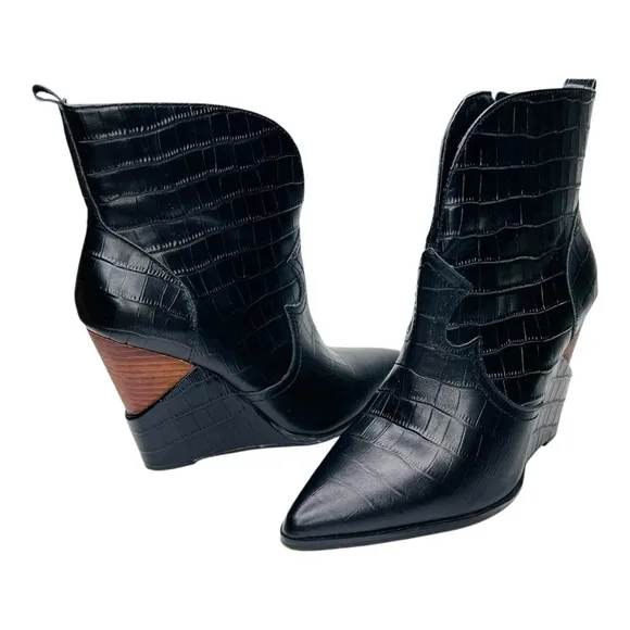 Jessica Simpson Hilrie Black Crocodile Embossed Leather Western Wedge Heel Boot