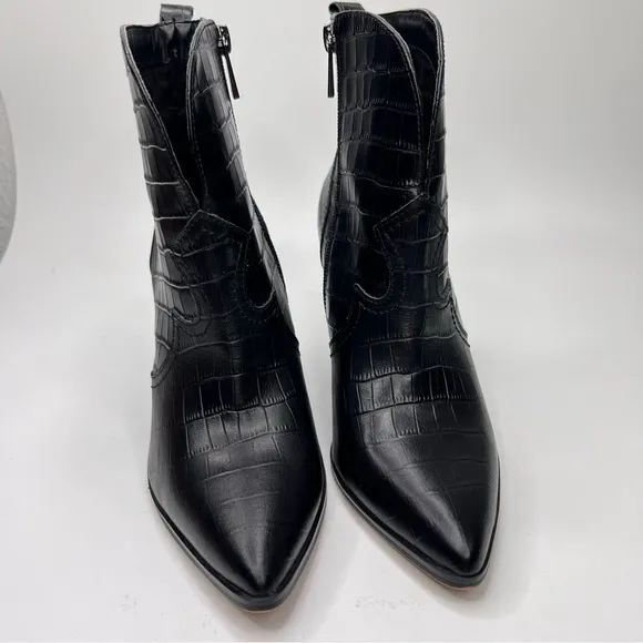 Jessica Simpson Hilrie Black Crocodile Embossed Leather Western Wedge Heel Boot