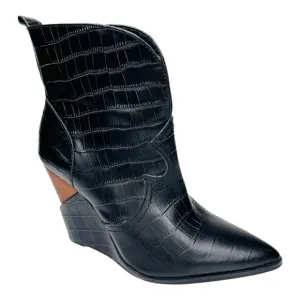 Jessica Simpson Hilrie Black Crocodile Embossed Leather Western Wedge Heel Boot