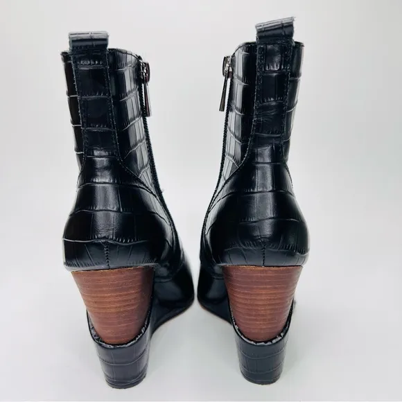 Jessica Simpson Hilrie Black Crocodile Embossed Leather Western Wedge Heel Boot