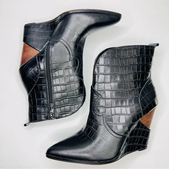 Jessica Simpson Hilrie Black Crocodile Embossed Leather Western Wedge Heel Boot