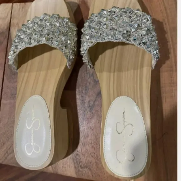 Jessica Simpson Rell Wood Platform Sandals Shoes Natural Gold Spikes Women’s 8M
