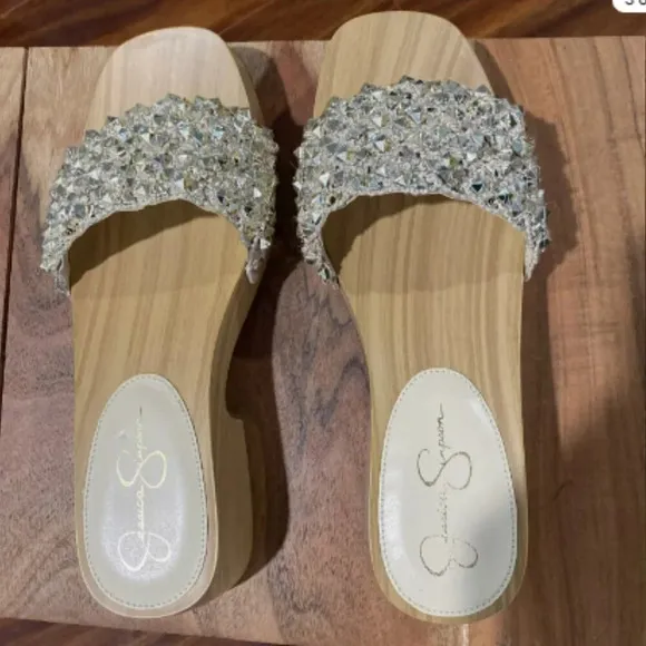 Jessica Simpson Rell Wood Platform Sandals Shoes Natural Gold Spikes Women’s 8M