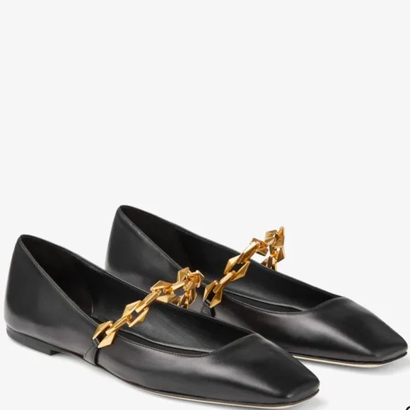 Jimmy Choo Black Nappa Leather Flats with Gold Accent Chain Size 9.5 msrp $875