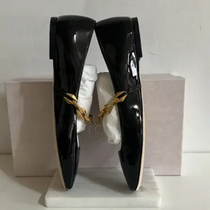 Jimmy Choo Black Nappa Leather Flats with Gold Accent Chain Size 9.5 msrp $875