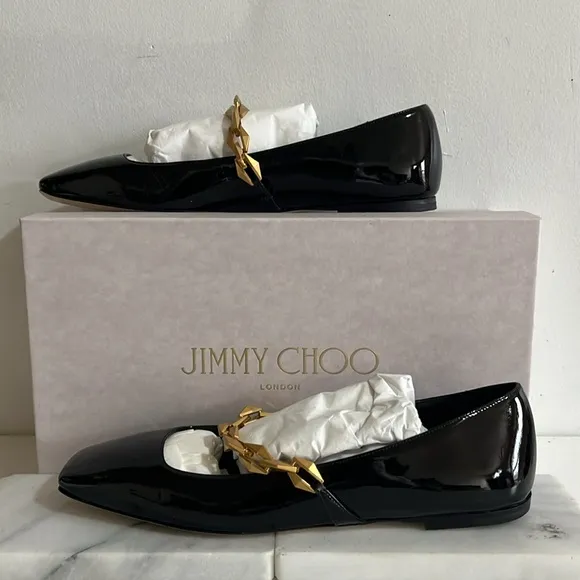 Jimmy Choo Black Nappa Leather Flats with Gold Accent Chain Size 9.5 msrp $875