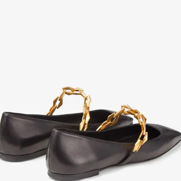 Jimmy Choo Black Nappa Leather Flats with Gold Accent Chain Size 9.5 msrp $875