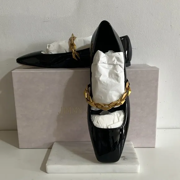 Jimmy Choo Black Nappa Leather Flats with Gold Accent Chain Size 9.5 msrp $875