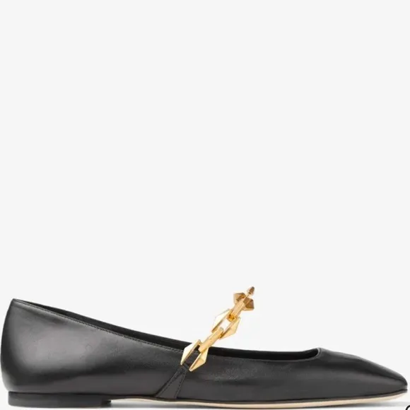 Jimmy Choo Black Nappa Leather Flats with Gold Accent Chain Size 9.5 msrp $875