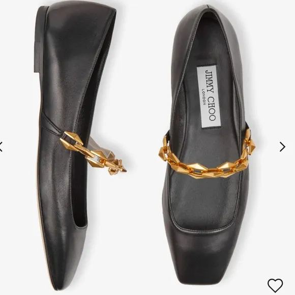 Jimmy Choo Black Nappa Leather Flats with Gold Accent Chain Size 9.5 msrp $875