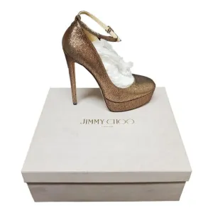 Jimmy Choo Klerise Gold Metallic 150mm Platform Ankle-Wrap Pumps Sz 40 /10B EUC