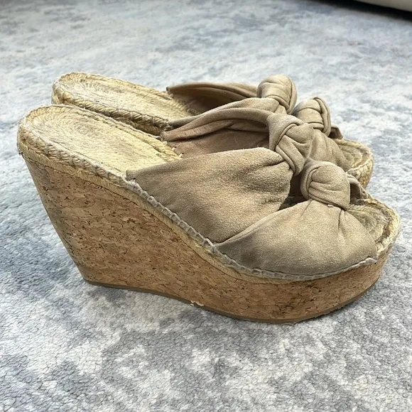 Jimmy Choo Priory Suede Twist Knot Slide Platform Wedge Sandals Beige