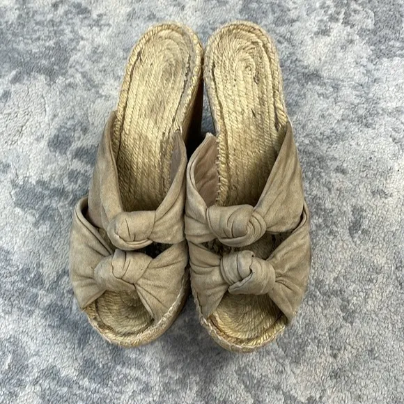 Jimmy Choo Priory Suede Twist Knot Slide Platform Wedge Sandals Beige