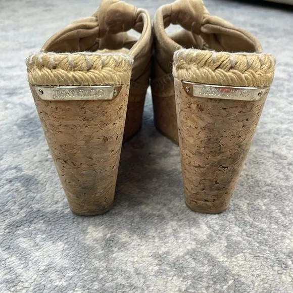 Jimmy Choo Priory Suede Twist Knot Slide Platform Wedge Sandals Beige