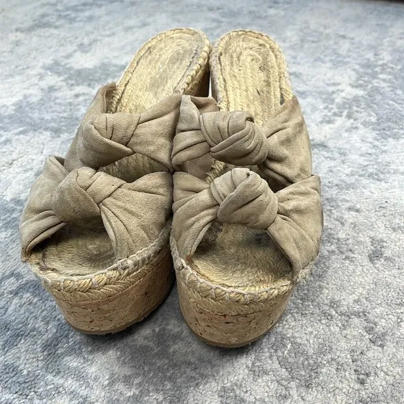 Jimmy Choo Priory Suede Twist Knot Slide Platform Wedge Sandals Beige