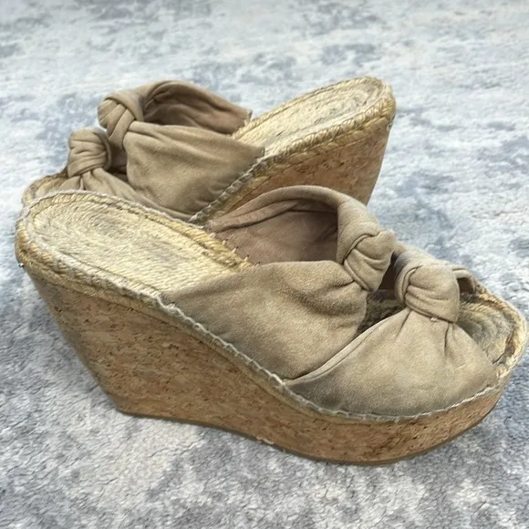 Jimmy Choo Priory Suede Twist Knot Slide Platform Wedge Sandals Beige