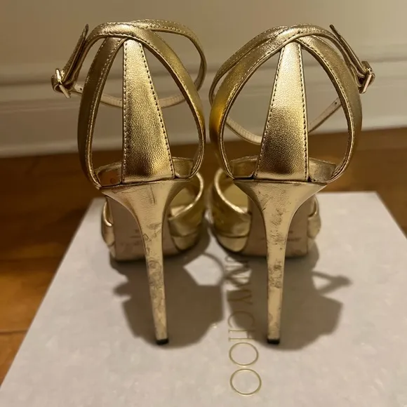 Jimmy Choo Rosie 120 Gold Metallic Nappa Platform Sandals size 37.5