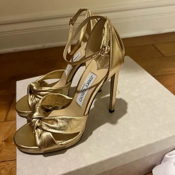 Jimmy Choo Rosie 120 Gold Metallic Nappa Platform Sandals size 37.5