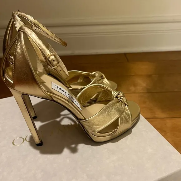 Jimmy Choo Rosie 120 Gold Metallic Nappa Platform Sandals size 37.5