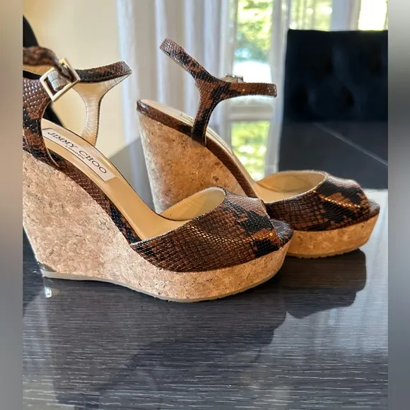 Jimmy Choo snake print  Leather Wedge Espadrilles Platform Sandals NWOB. 38.5