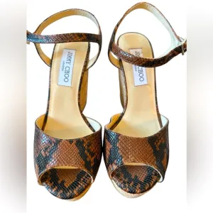 Jimmy Choo snake print  Leather Wedge Espadrilles Platform Sandals NWOB. 38.5