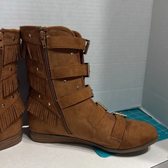 Joan Boyce Brown Faux Suede Trisha Fringe Buckle Mid Calf Low Wedge Boot Size 9