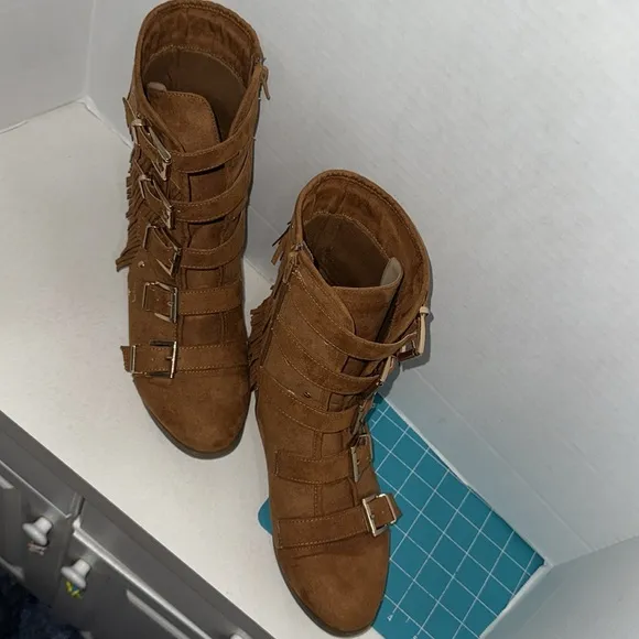 Joan Boyce Brown Faux Suede Trisha Fringe Buckle Mid Calf Low Wedge Boot Size 9