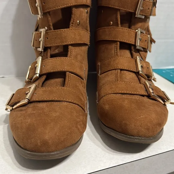 Joan Boyce Brown Faux Suede Trisha Fringe Buckle Mid Calf Low Wedge Boot Size 9