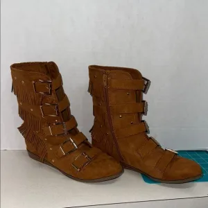 Joan Boyce Brown Faux Suede Trisha Fringe Buckle Mid Calf Low Wedge Boot Size 9