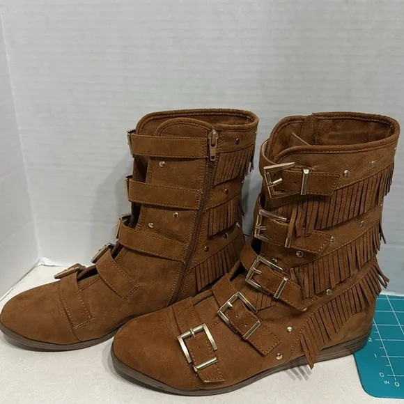 Joan Boyce Brown Faux Suede Trisha Fringe Buckle Mid Calf Low Wedge Boot Size 9