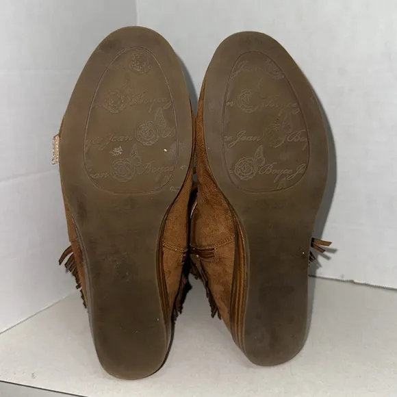 Joan Boyce Brown Faux Suede Trisha Fringe Buckle Mid Calf Low Wedge Boot Size 9