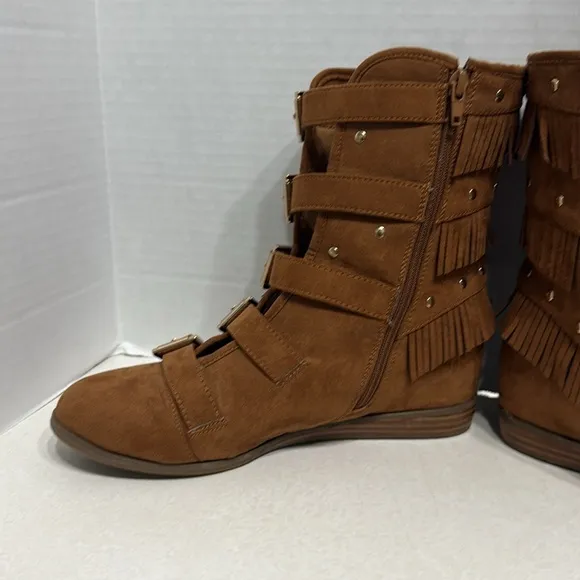 Joan Boyce Brown Faux Suede Trisha Fringe Buckle Mid Calf Low Wedge Boot Size 9