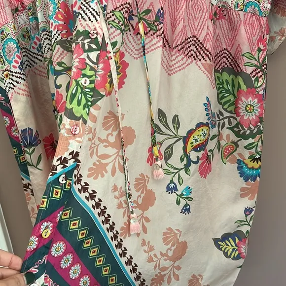 Johnny Was LAKSHMI OLLIE Boho Mixed Print Multi color Silk TUNIC DRESS Size S