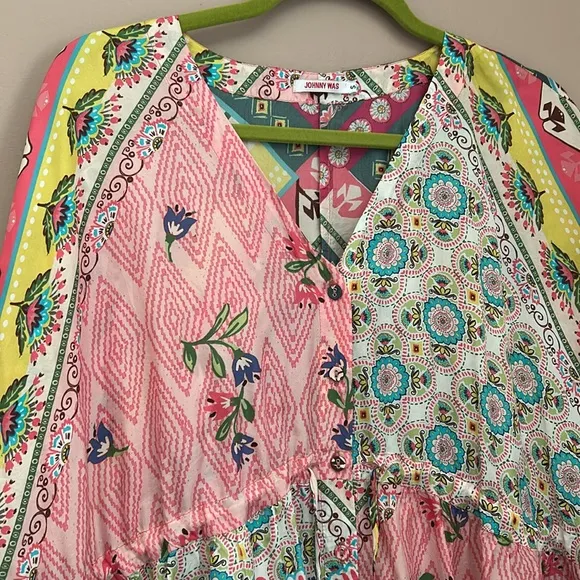 Johnny Was LAKSHMI OLLIE Boho Mixed Print Multi color Silk TUNIC DRESS Size S