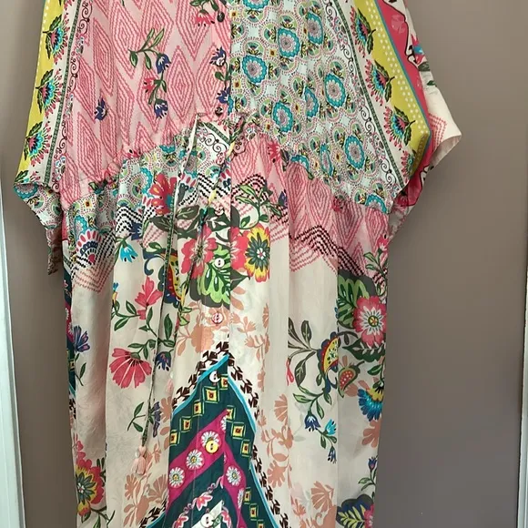 Johnny Was LAKSHMI OLLIE Boho Mixed Print Multi color Silk TUNIC DRESS Size S