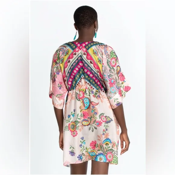Johnny Was LAKSHMI OLLIE Boho Mixed Print Multi color Silk TUNIC DRESS Size S