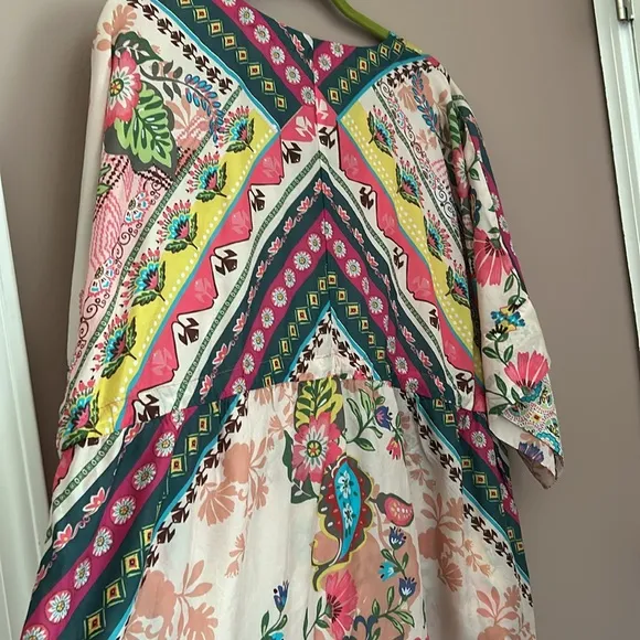 Johnny Was LAKSHMI OLLIE Boho Mixed Print Multi color Silk TUNIC DRESS Size S