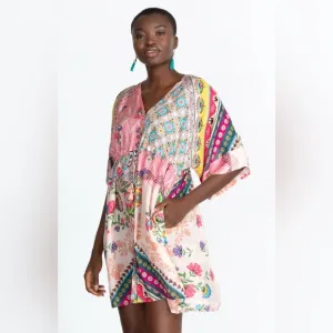 Johnny Was LAKSHMI OLLIE Boho Mixed Print Multi color Silk TUNIC DRESS Size S