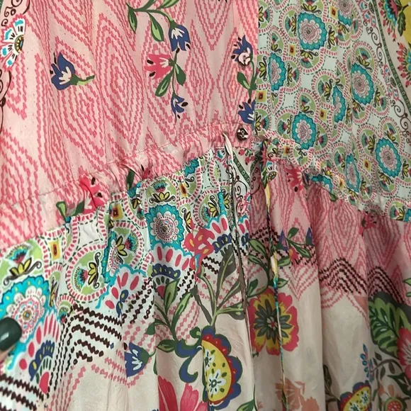 Johnny Was LAKSHMI OLLIE Boho Mixed Print Multi color Silk TUNIC DRESS Size S