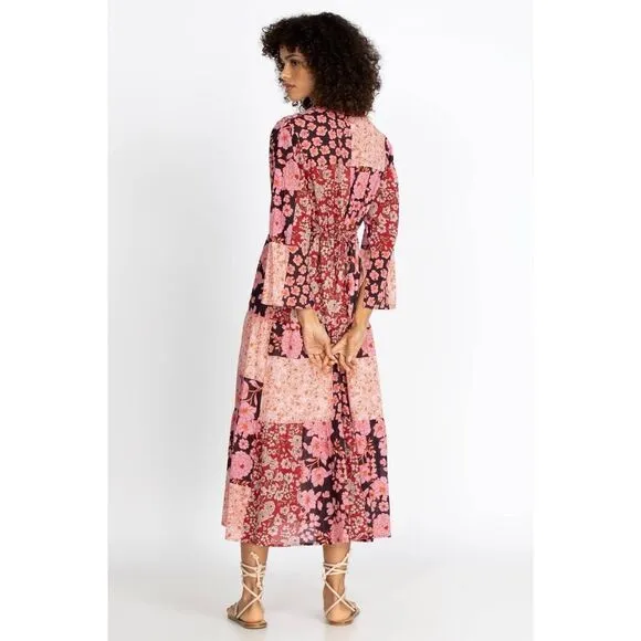 Johnny Was FLORA TIE BACK DRESS Patchwork Floral Multicolor Cotton sz M