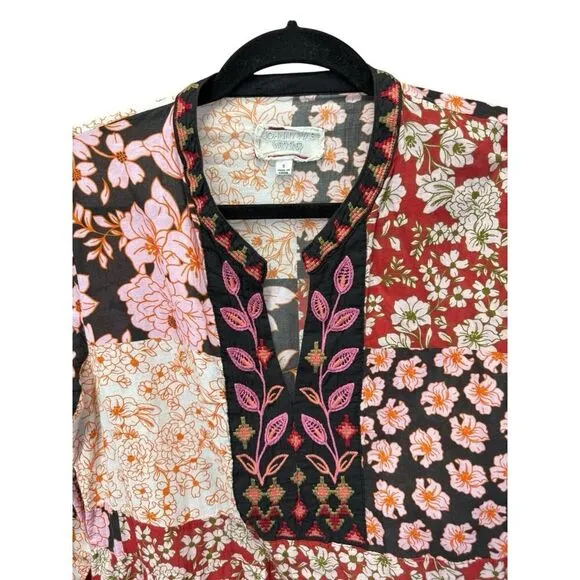 Johnny Was FLORA TIE BACK DRESS Patchwork Floral Multicolor Cotton sz M