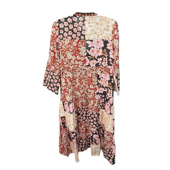 Johnny Was FLORA TIE BACK DRESS Patchwork Floral Multicolor Cotton sz M