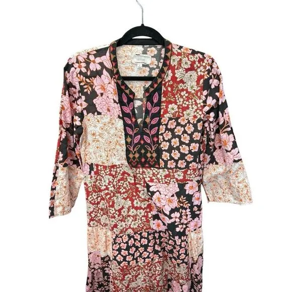 Johnny Was FLORA TIE BACK DRESS Patchwork Floral Multicolor Cotton sz M