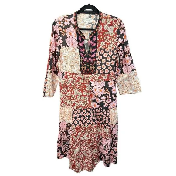 Johnny Was FLORA TIE BACK DRESS Patchwork Floral Multicolor Cotton sz M