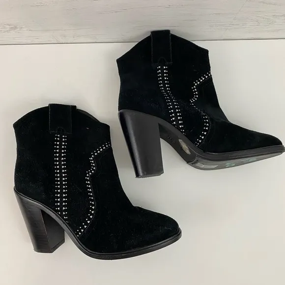 Joie Monte Black Suede Studded Western Ankle Boots Size 7.5