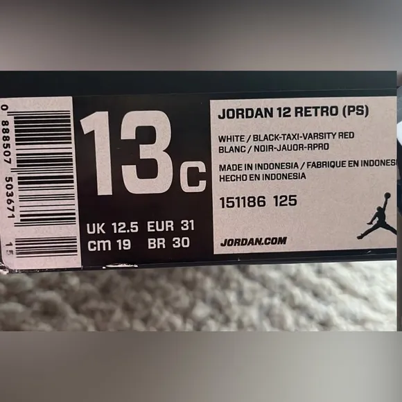 Jordan 12 Retro (PS) Black Taxi Varsity