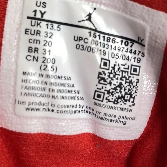 Jordan 12 XII Retro FIBA White University Red 151186-107‎ Youth Size 1Y Sneakers